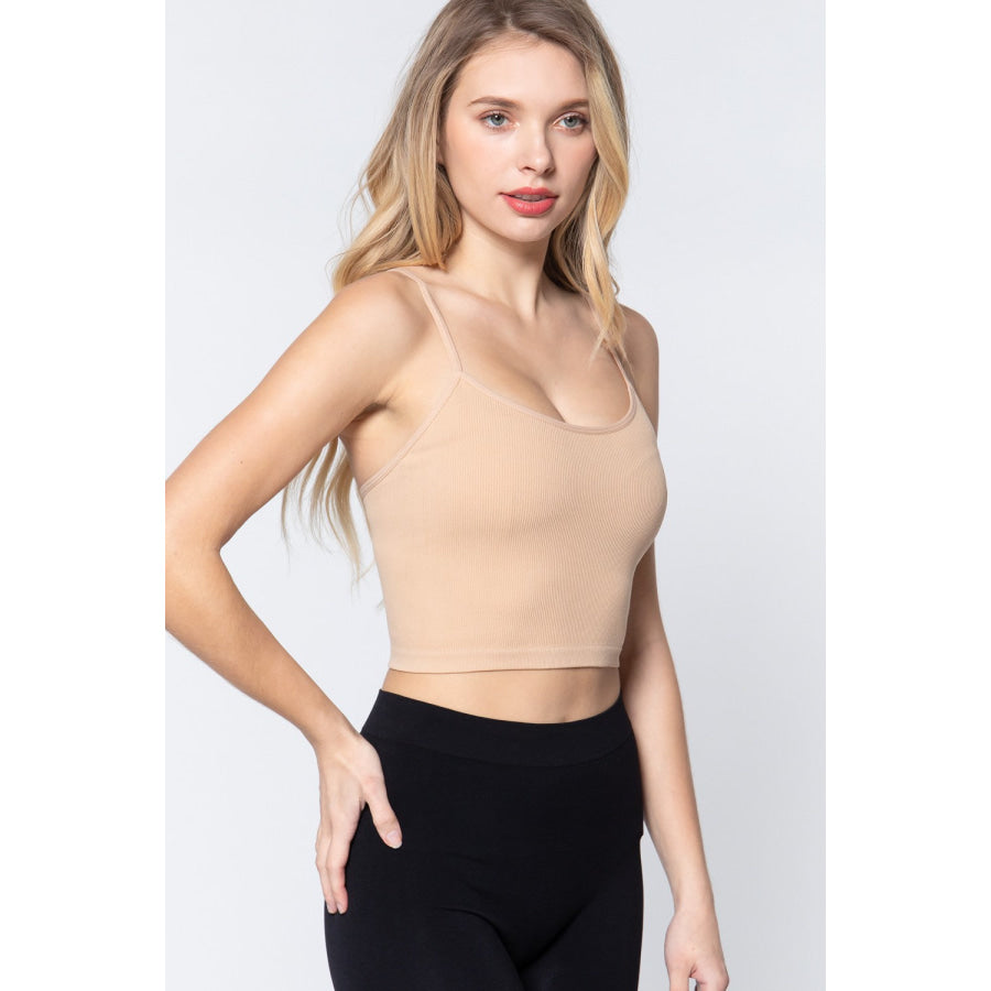 ACTIVE BASIC Round Neck Crop Rib Seamless Cami Apparel and Accessories