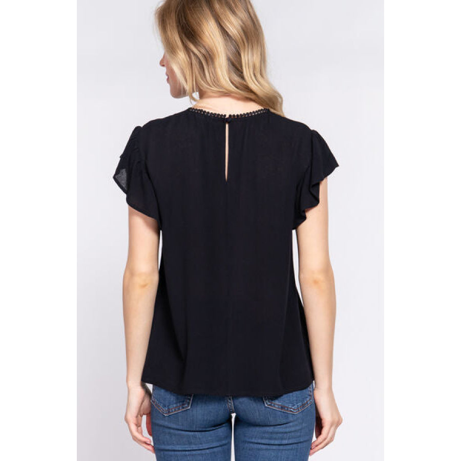 ACTIVE BASIC Ruffle Short Sleeve Crochet Blouse Black / S Apparel and Accessories