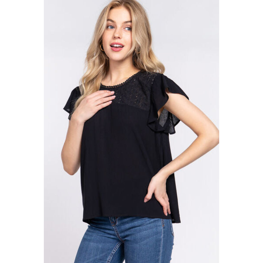 ACTIVE BASIC Ruffle Short Sleeve Crochet Blouse Apparel and Accessories