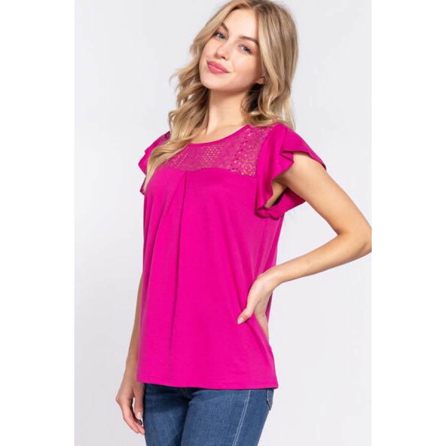 ACTIVE BASIC Ruffle Short Sleeve Lace Detail Knit Top Apparel and Accessories