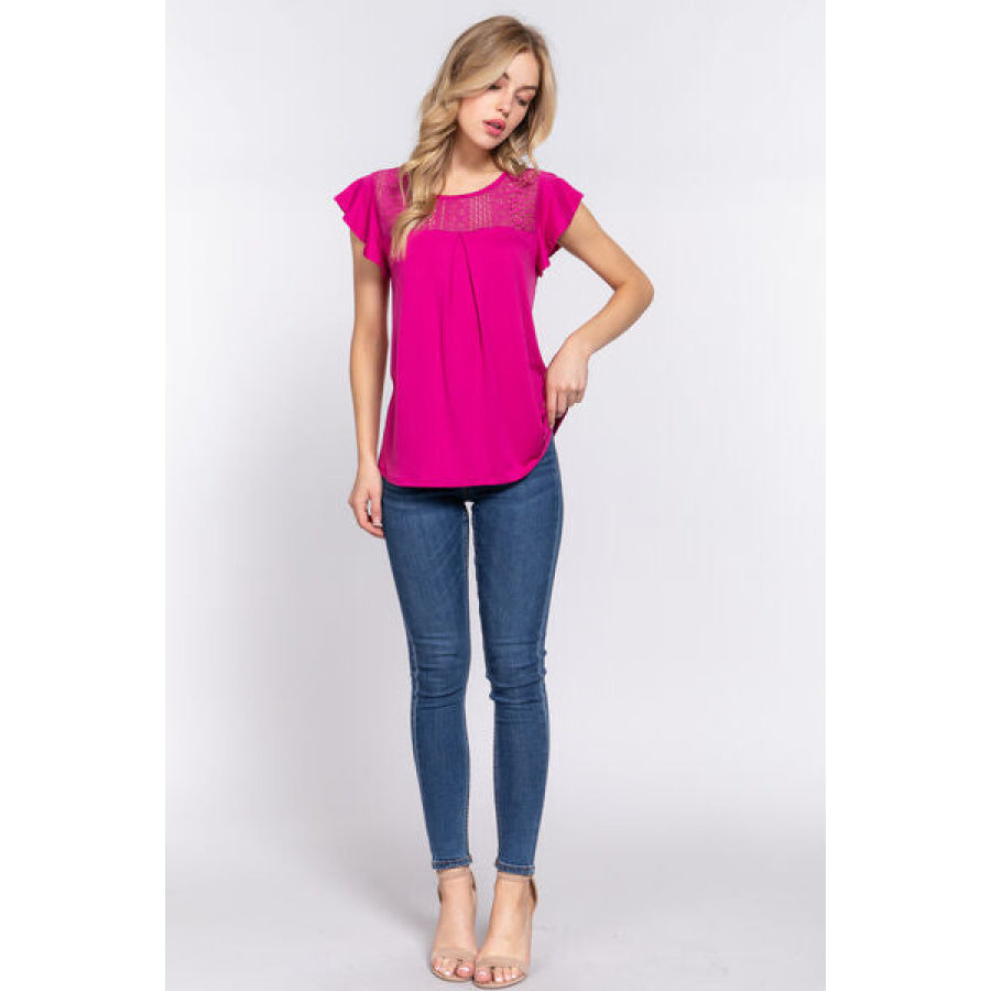 ACTIVE BASIC Ruffle Short Sleeve Lace Detail Knit Top Apparel and Accessories