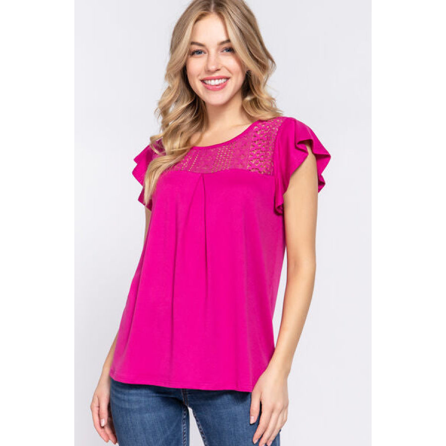 ACTIVE BASIC Ruffle Short Sleeve Lace Detail Knit Top MAGENTA / S Apparel and Accessories