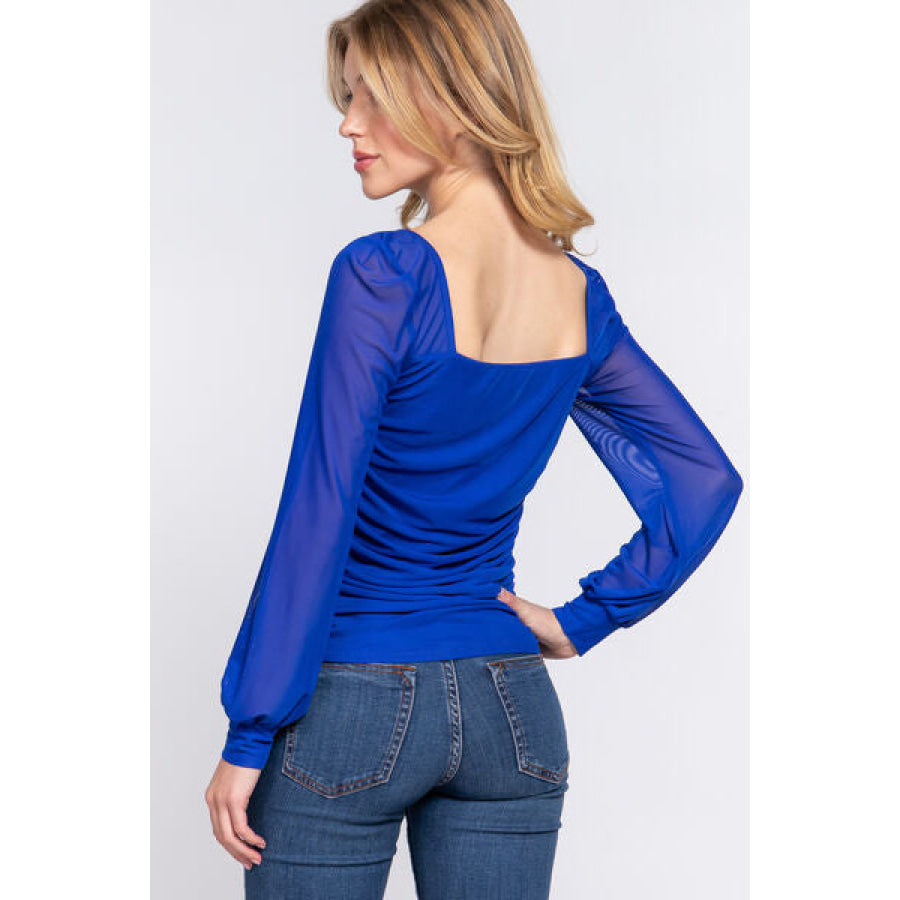 ACTIVE BASIC Square Neck Mesh Long Sleeve Shirring Top Apparel and Accessories