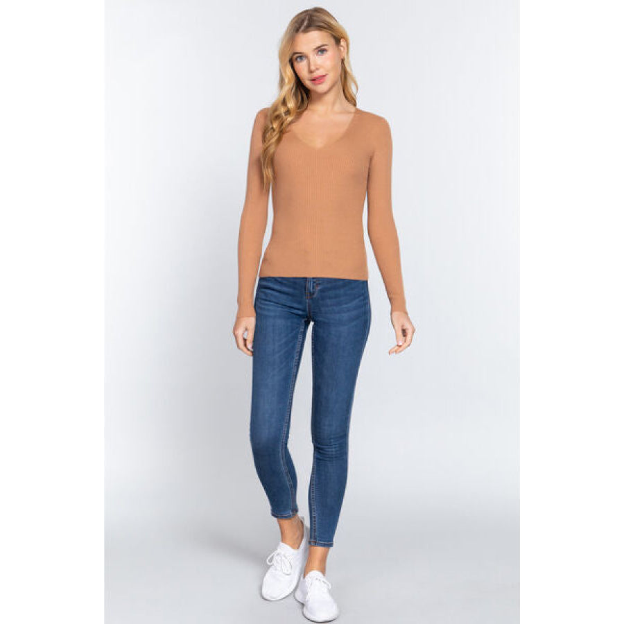 ACTIVE BASIC V - Neck Fitted Viscose Rib Knit Top Apparel and Accessories