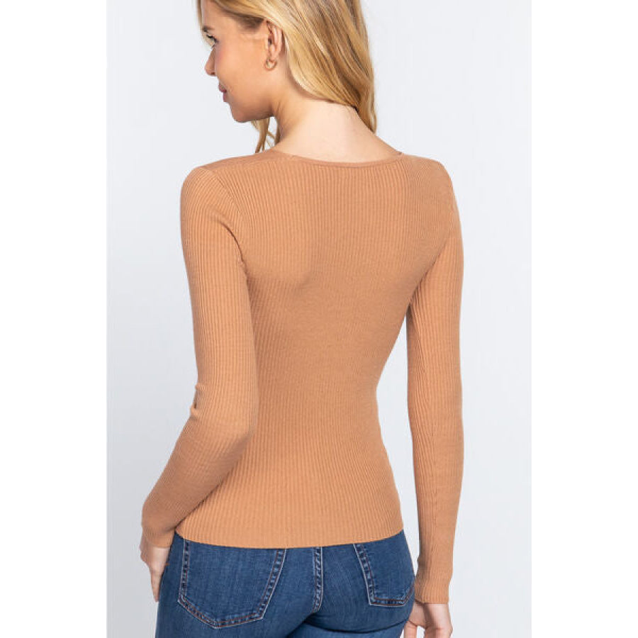 ACTIVE BASIC V - Neck Fitted Viscose Rib Knit Top Apparel and Accessories