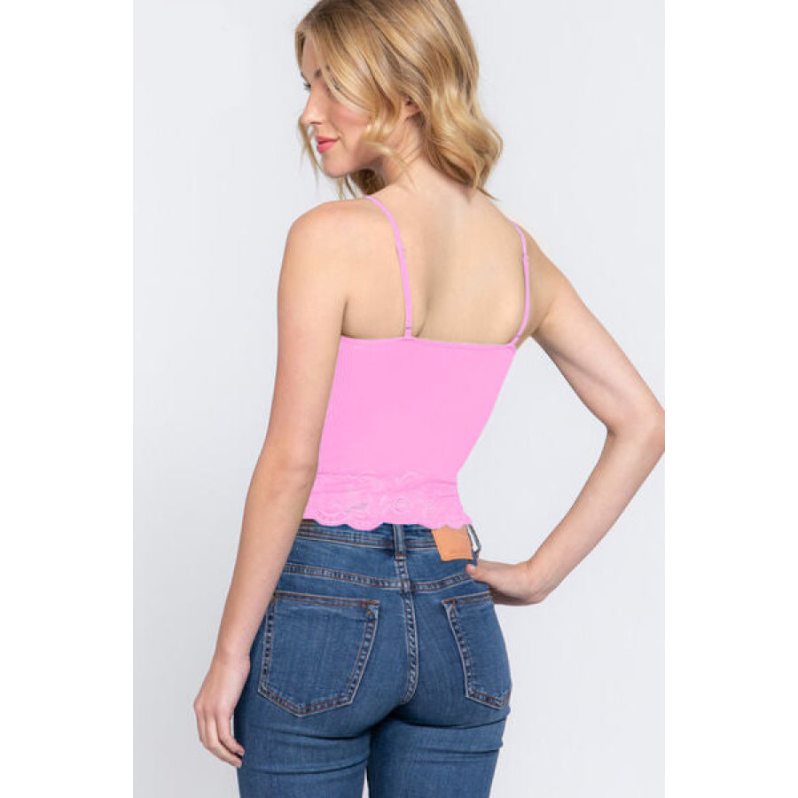 ACTIVE BASIC V - Neck Lace Detail Ribbed Seamless Cami PINK / S Apparel and Accessories