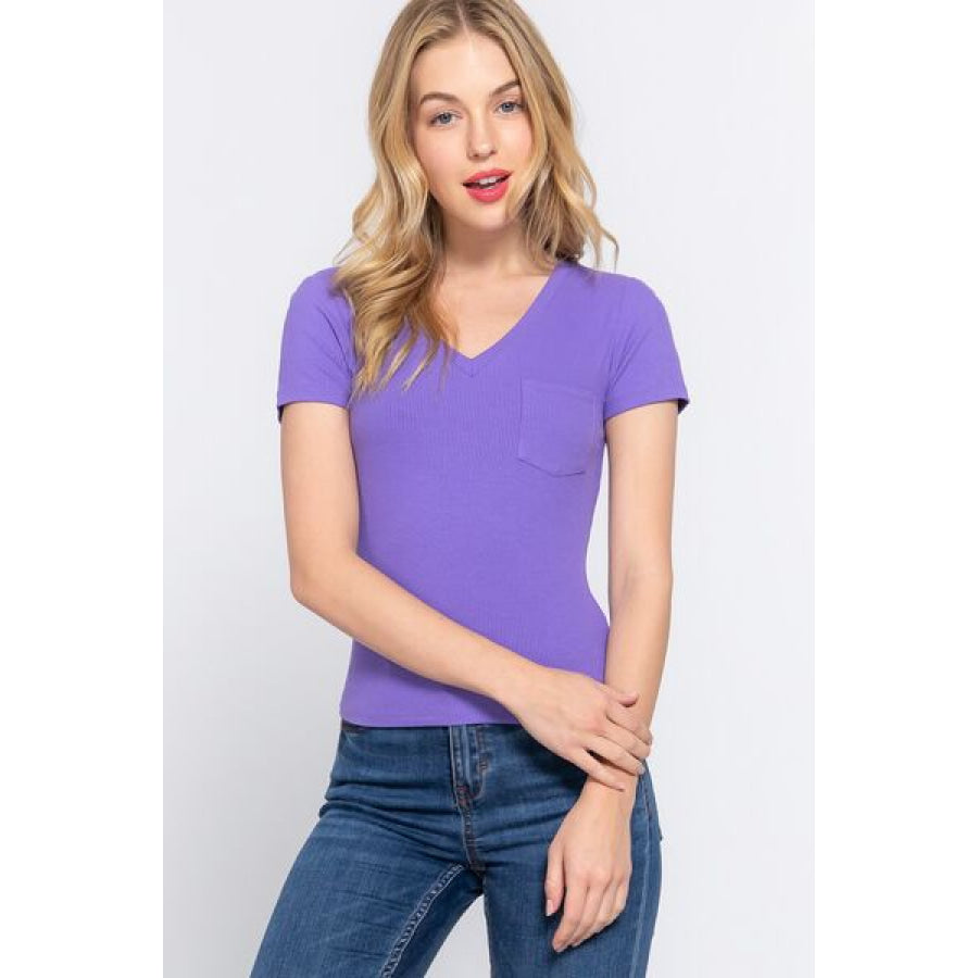 ACTIVE BASIC V - Neck Ribbed Short Sleeve Knit T - Shirt PURPLE / S Apparel and Accessories