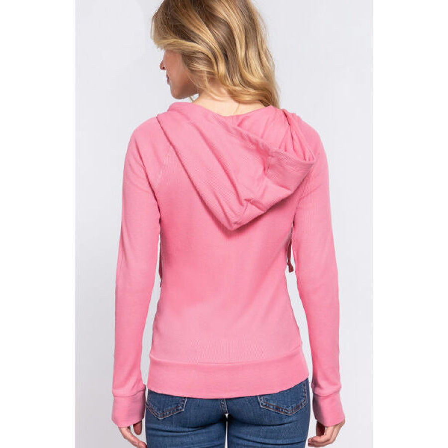 ACTIVE BASIC Waffle Knit Drawstring Zip Up Long Sleeve Hoodie DEEP PINK / S Apparel and Accessories