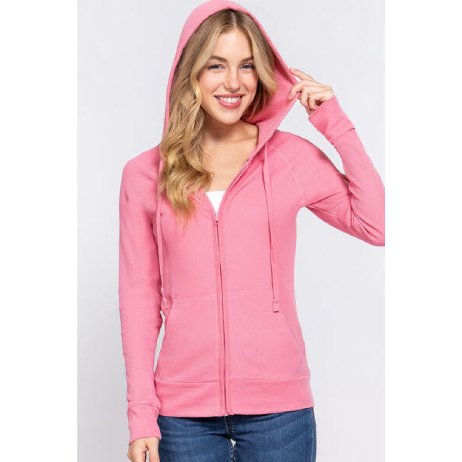 ACTIVE BASIC Waffle Knit Drawstring Zip Up Long Sleeve Hoodie DEEP PINK / S Apparel and Accessories
