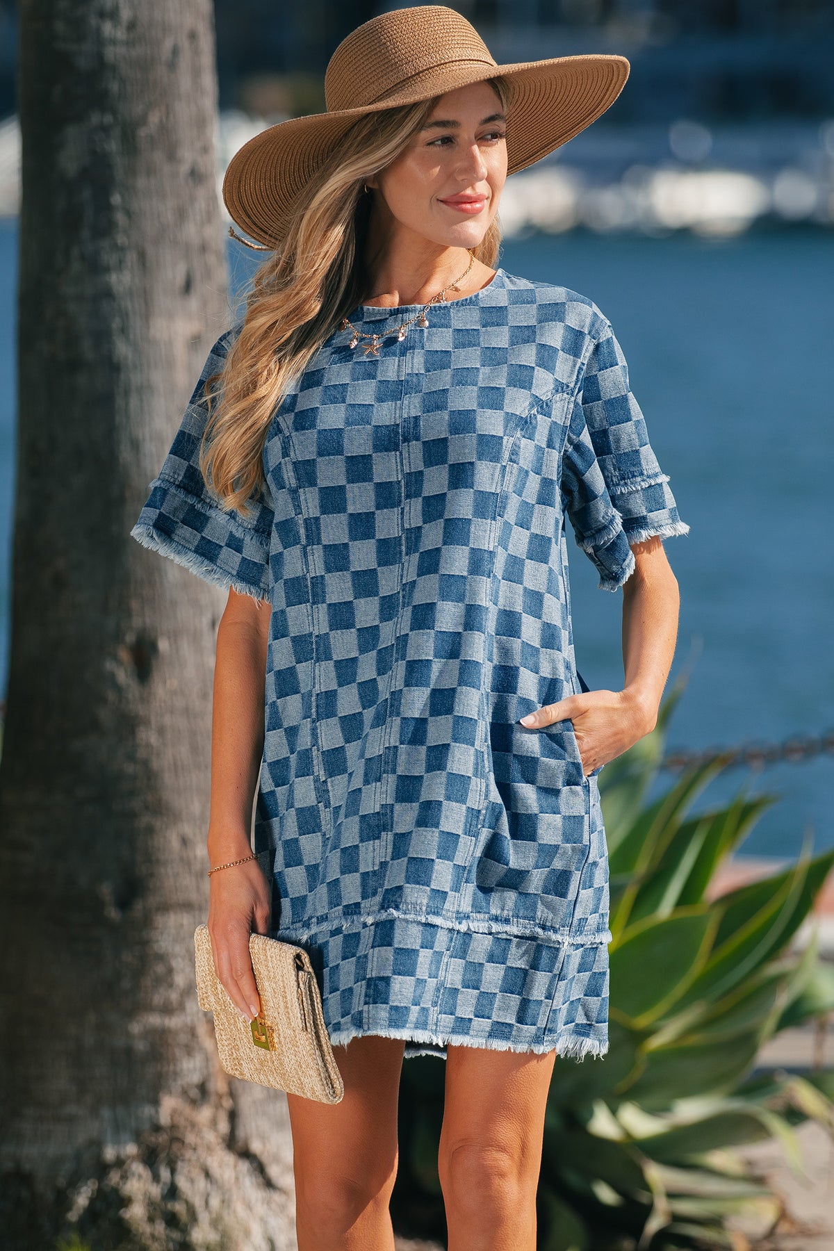 Sky Blue Frayed Hem Checkered Denim Mini Dress