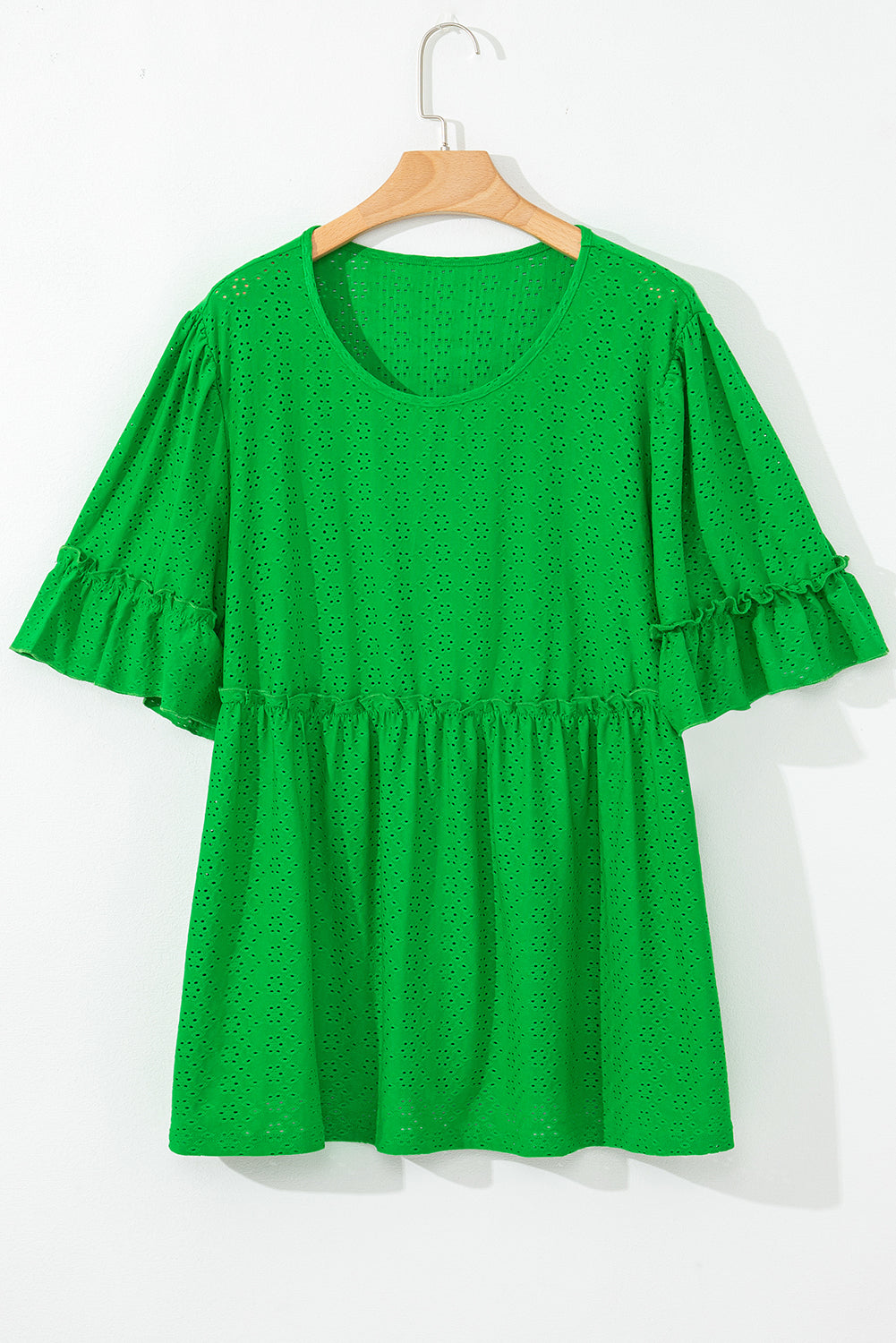 Green Textured Frilled Short Sleeve Plus Size Babydoll Blouse Plus Size/Plus Size Tops/Plus Size Blouses & Shirts