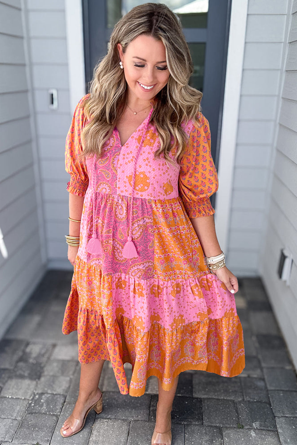 Pink Boho Paisley Floral Mixed Patchwork Tassel Tie Plus Size Midi Dress Plus Size/Plus Size Dresses/Plus Size Maxi Dresses