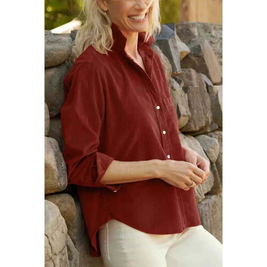 Adjustable Cuff Long Sleeve Corduroy Shirt Apparel and Accessories