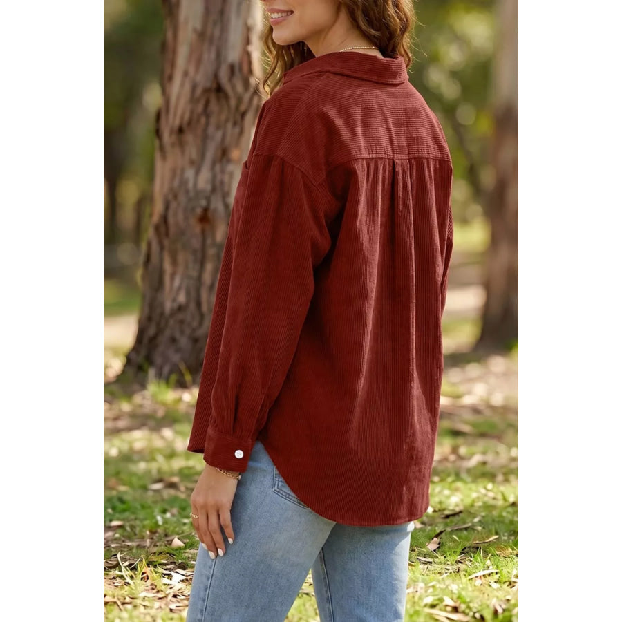 Adjustable Cuff Long Sleeve Corduroy Shirt Apparel and Accessories