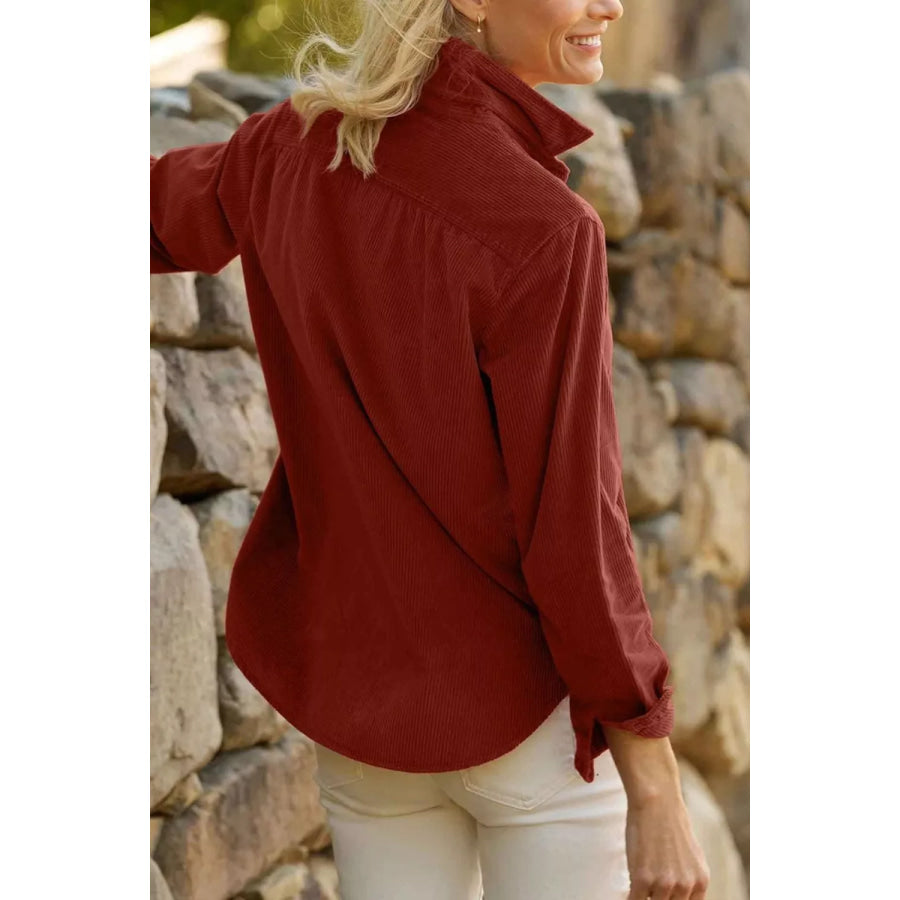 Adjustable Cuff Long Sleeve Corduroy Shirt Apparel and Accessories