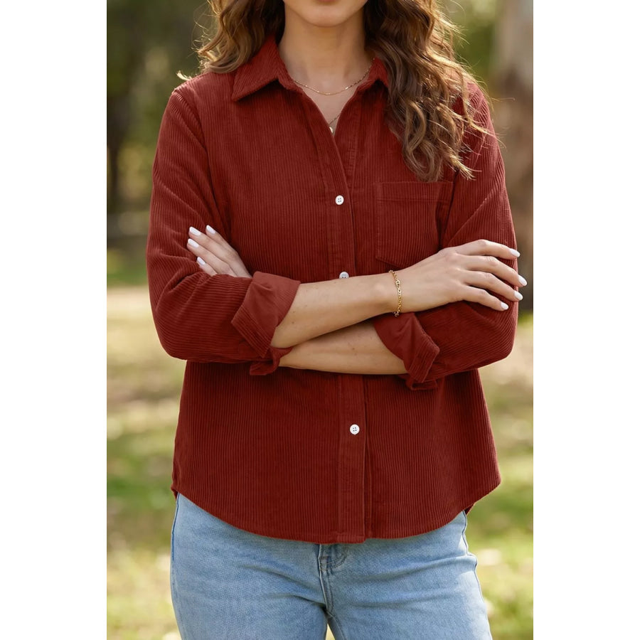 Adjustable Cuff Long Sleeve Corduroy Shirt Apparel and Accessories