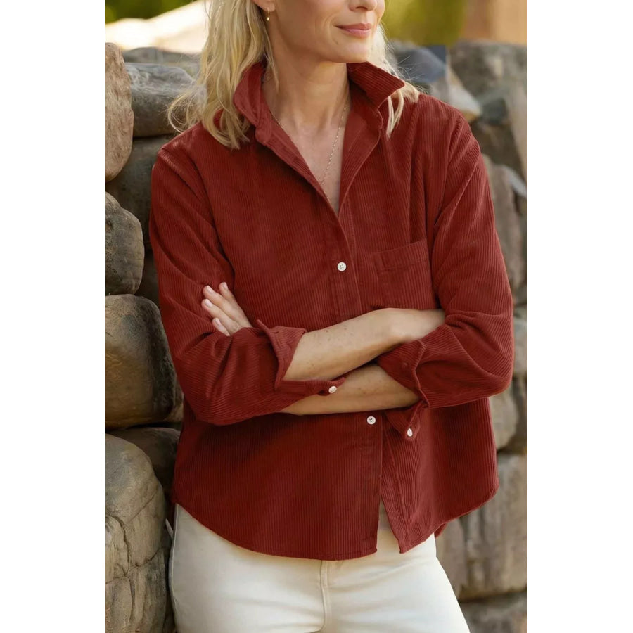 Adjustable Cuff Long Sleeve Corduroy Shirt Burgundy / S Apparel and Accessories