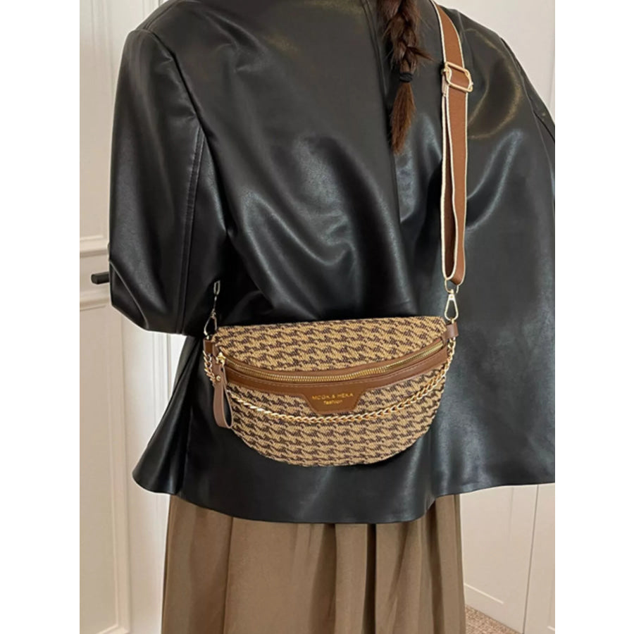 Adjustable Strap Chain Accent Crossbody Bag Khaki / One Size Apparel and Accessories