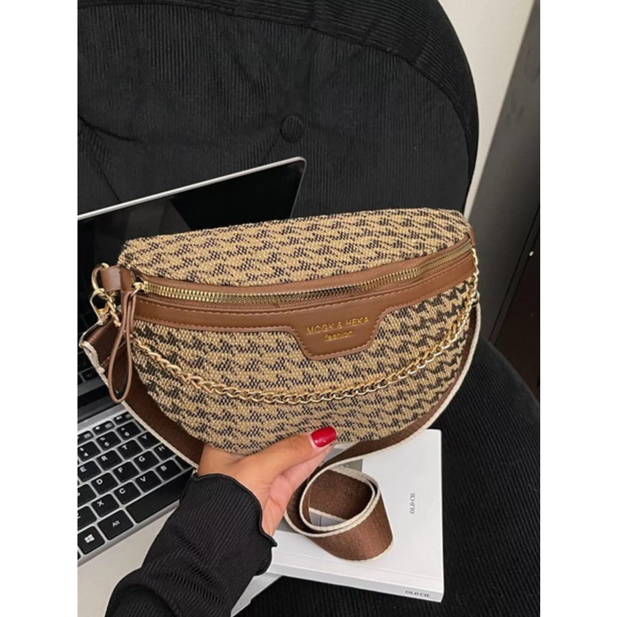 Adjustable Strap Chain Accent Crossbody Bag Khaki / One Size Apparel and Accessories