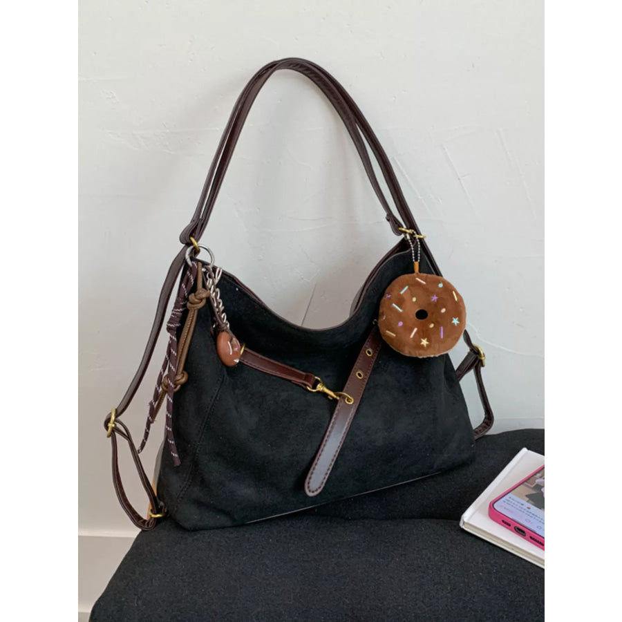 Adjustable Strap Handbag with Charm Black / One Size Apparel and Accessories