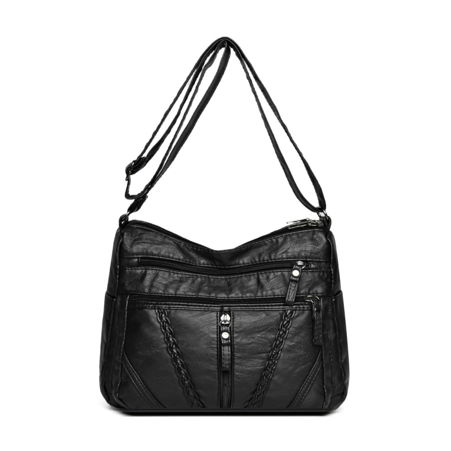 Adjustable Strap PU Leather Shoulder Bag Black / One Size Apparel and Accessories