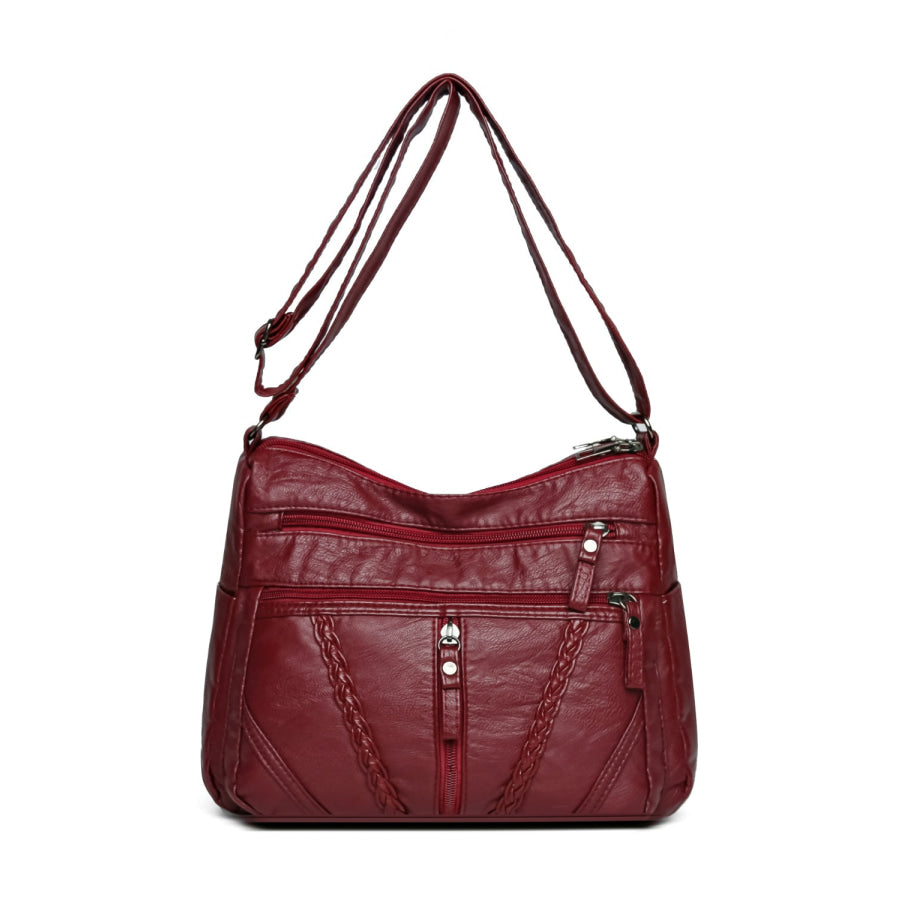 Adjustable Strap PU Leather Shoulder Bag Burgundy / One Size Apparel and Accessories