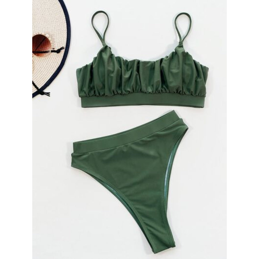 Adjustable Strap Ruched Two - Piece Swim Set Army Green / S Apparel and Accessories