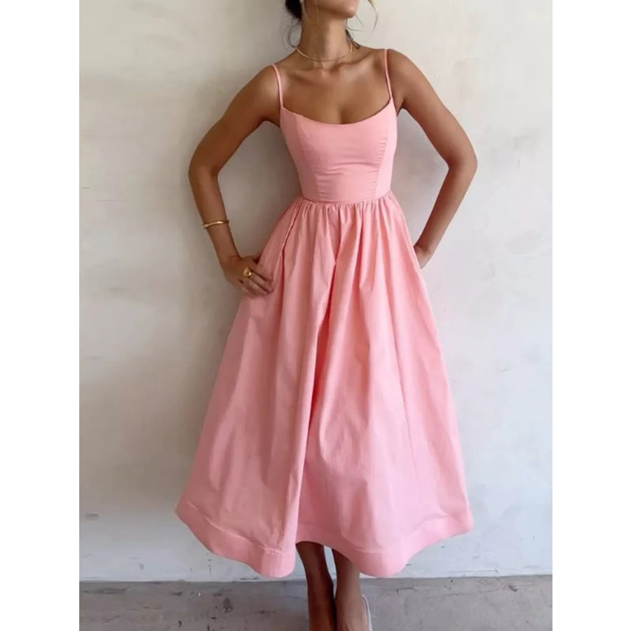 Adjustable Strap Scoop Neck Midi Dress Blush Pink / S Apparel and Accessories