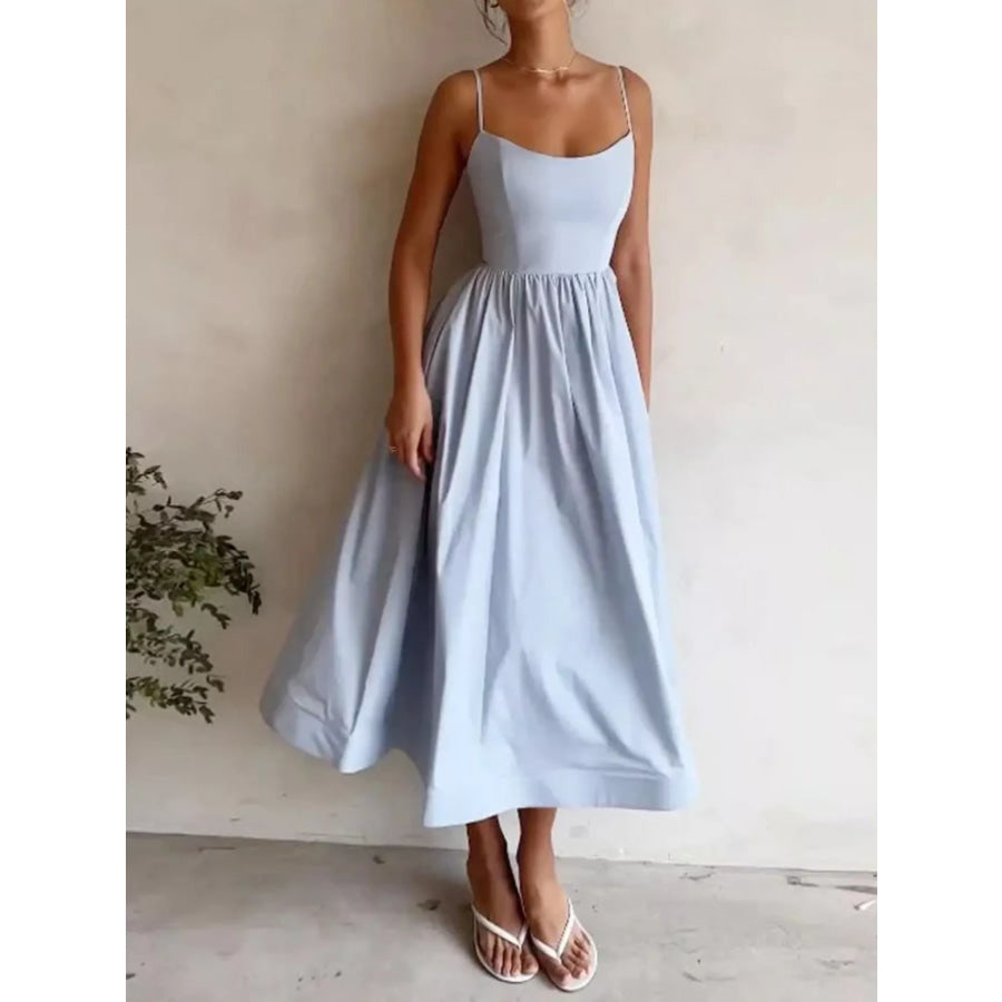 Adjustable Strap Scoop Neck Midi Dress Light Blue / S Apparel and Accessories