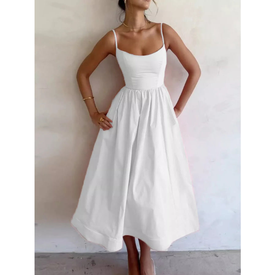 Adjustable Strap Scoop Neck Midi Dress White / S Apparel and Accessories