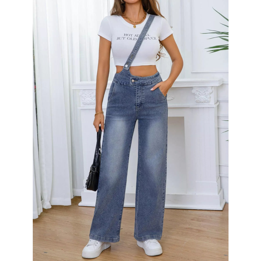 Adjustable Strap Washed Wide-Leg Denim Overalls Apparel and Accessories