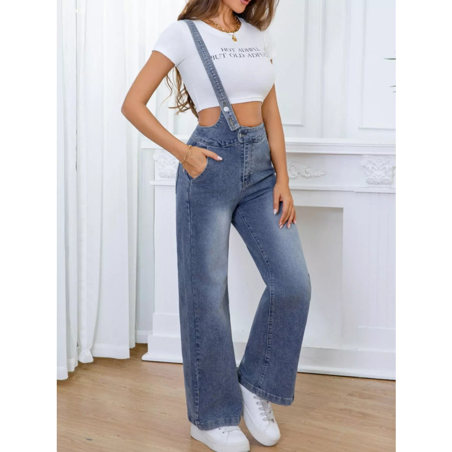 Adjustable Strap Washed Wide-Leg Denim Overalls Apparel and Accessories