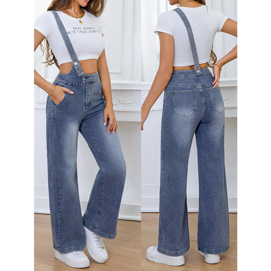 Adjustable Strap Washed Wide-Leg Denim Overalls Apparel and Accessories