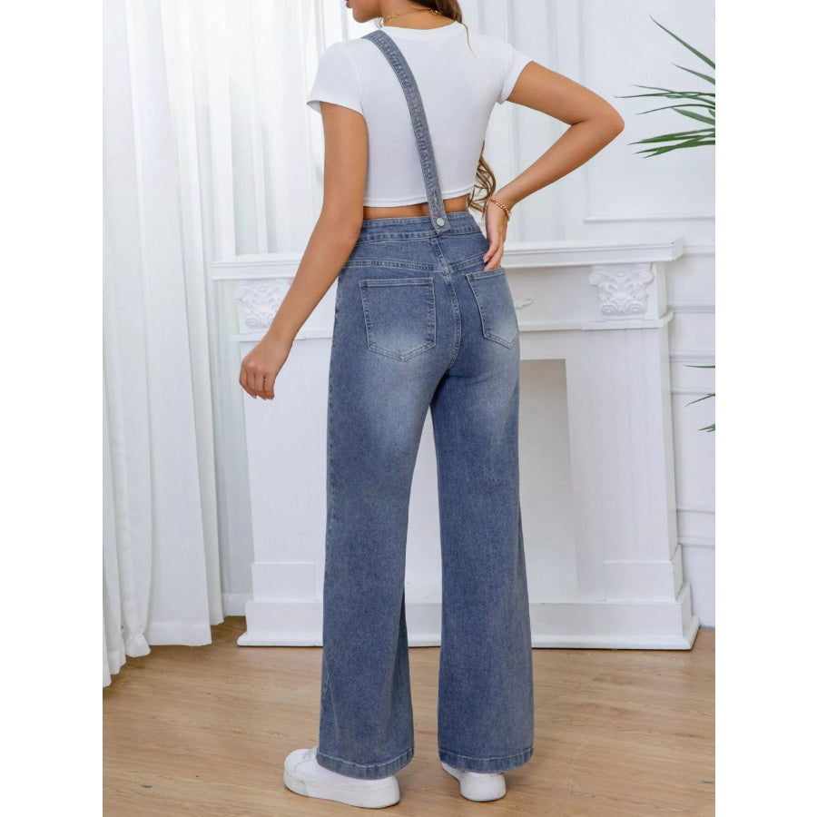 Adjustable Strap Washed Wide-Leg Denim Overalls Apparel and Accessories