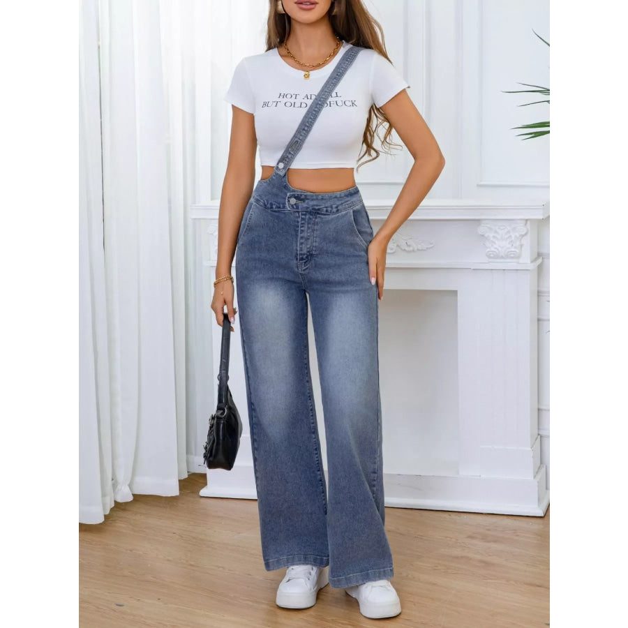 Adjustable Strap Washed Wide-Leg Denim Overalls Apparel and Accessories