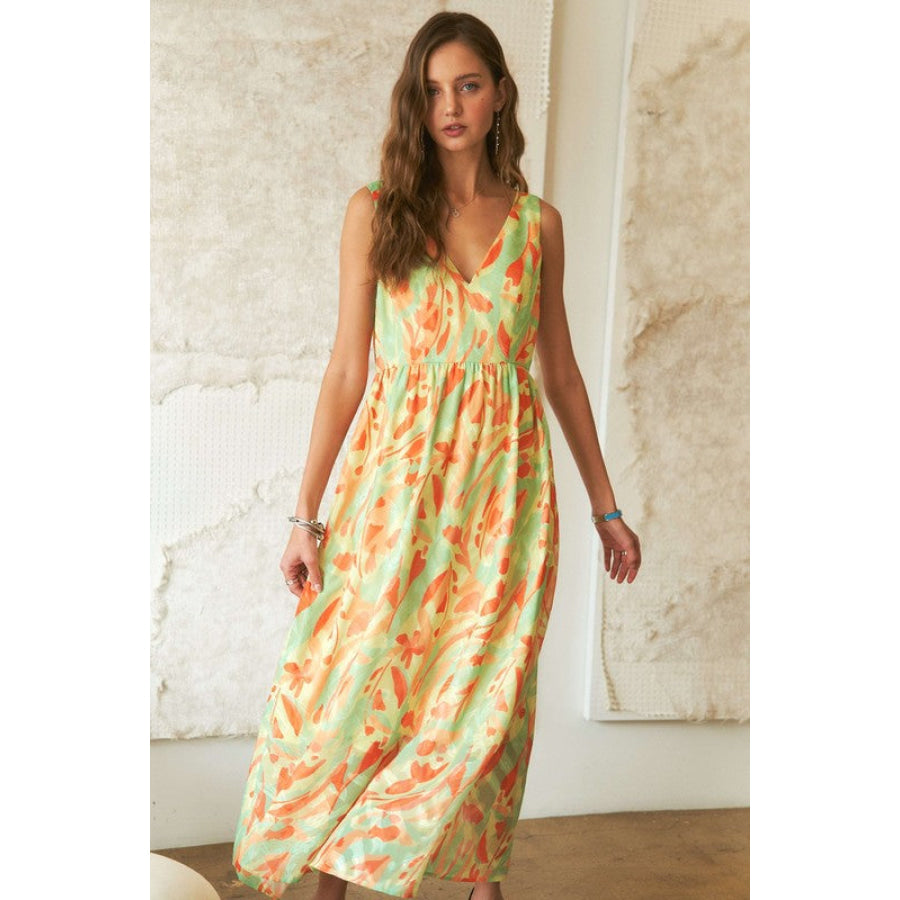 ADORA Abstract Floral V-Neck Maxi Dress Apparel and Accessories