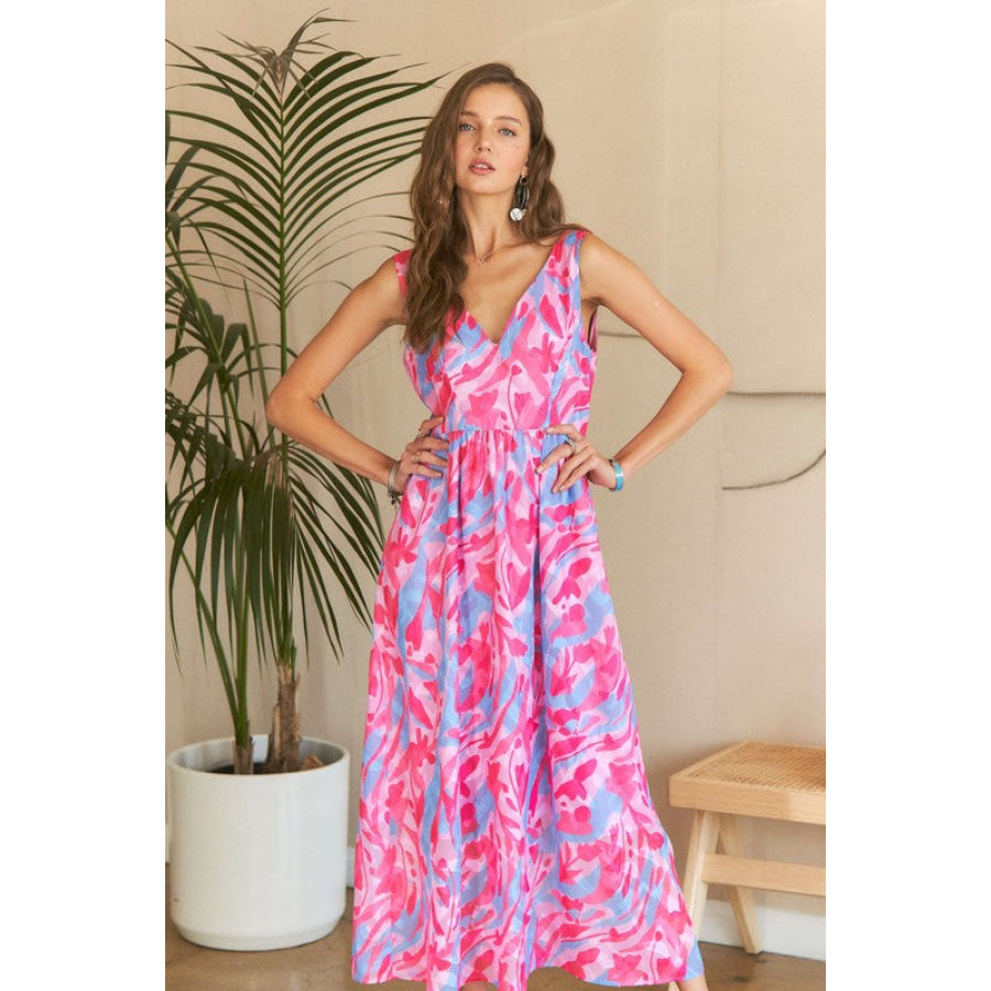 ADORA Abstract Floral V-Neck Maxi Dress PINK BLUSH COMBO / S Apparel and Accessories