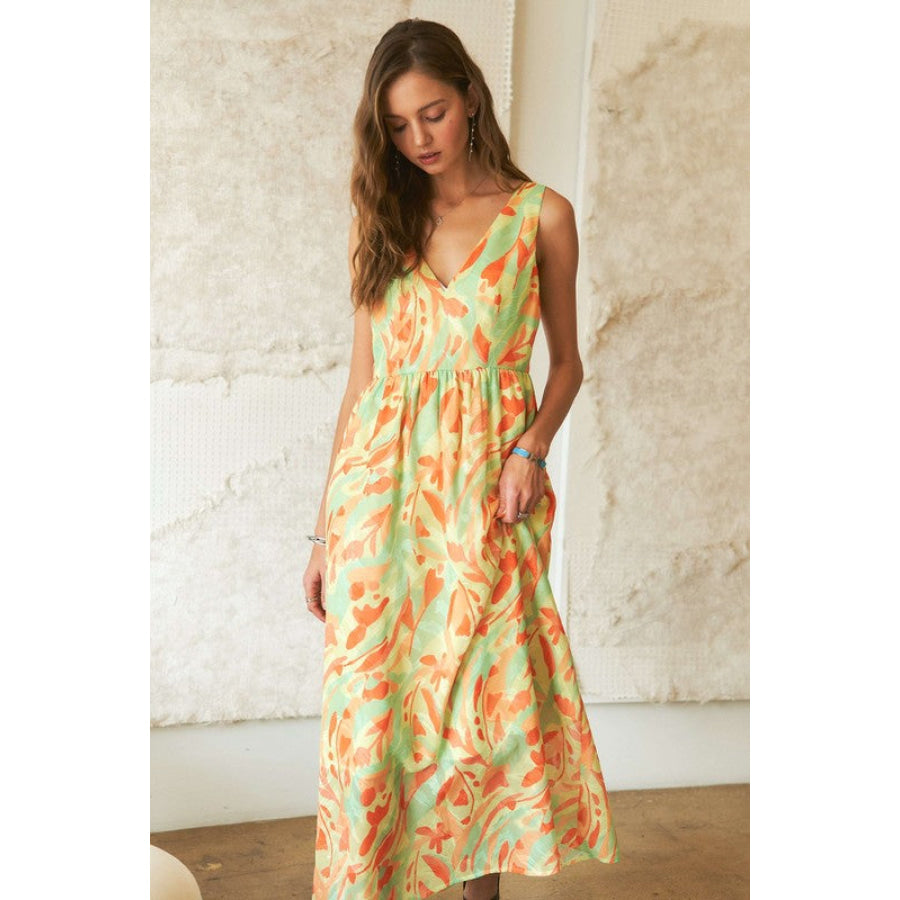 ADORA Abstract Floral V-Neck Maxi Dress BLUE CORAL COMBO / S Apparel and Accessories