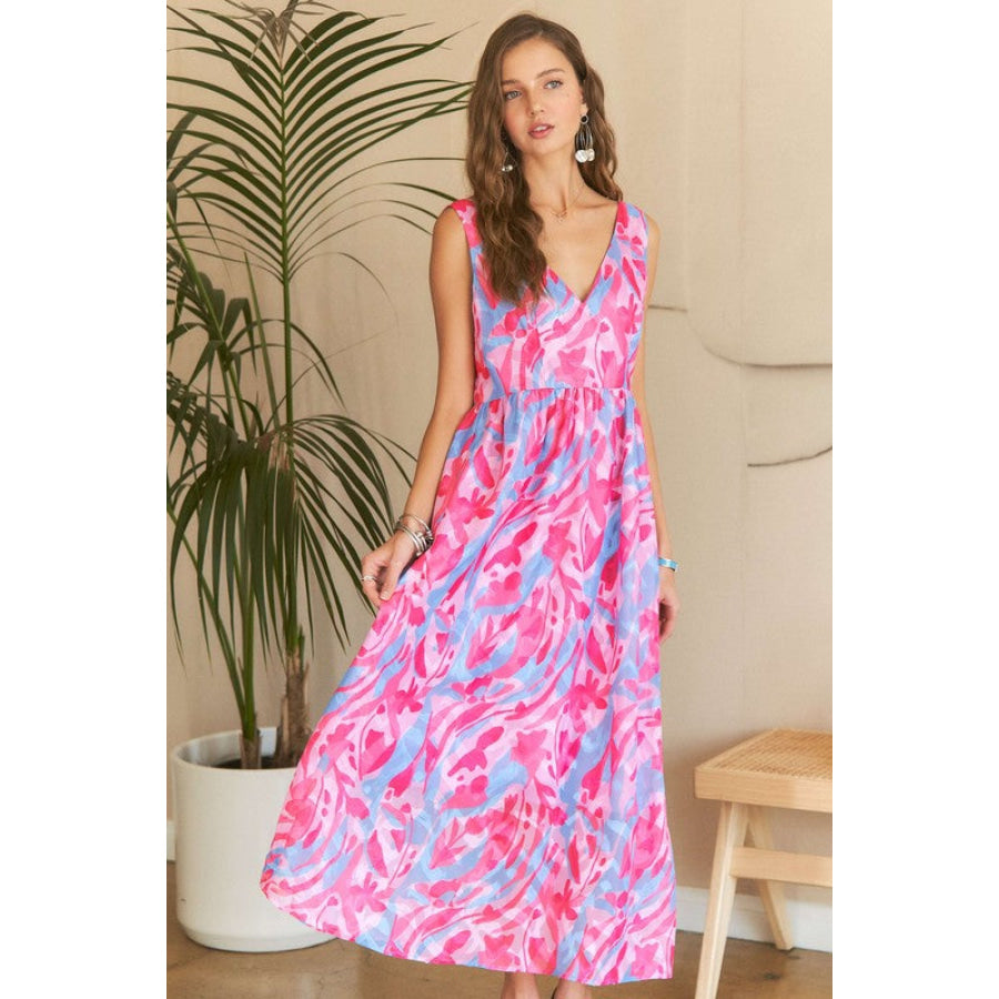 ADORA Abstract Floral V-Neck Maxi Dress PINK BLUSH COMBO / S Apparel and Accessories