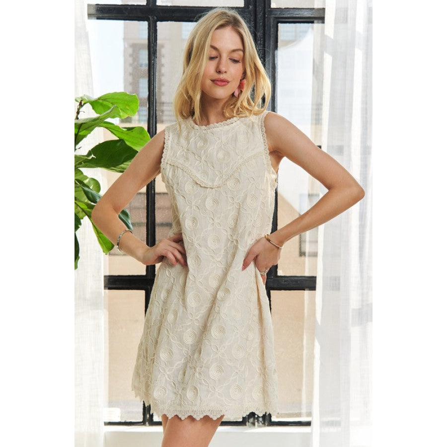 ADORA Applique Round Neck Sleeveless Shift Dress Beige / S Apparel and Accessories