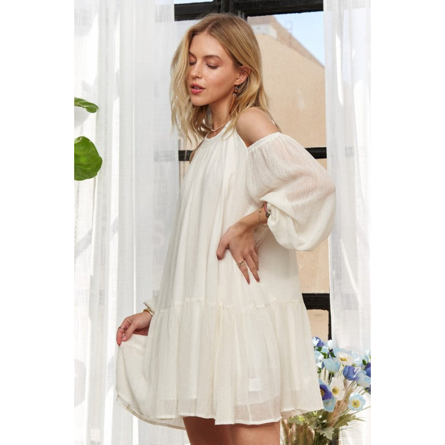 ADORA Cold Shoulder Balloon Sleeve Mini Dress Apparel and Accessories