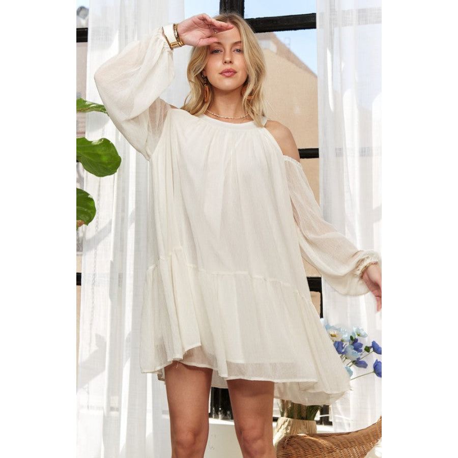 ADORA Cold Shoulder Balloon Sleeve Mini Dress Apparel and Accessories