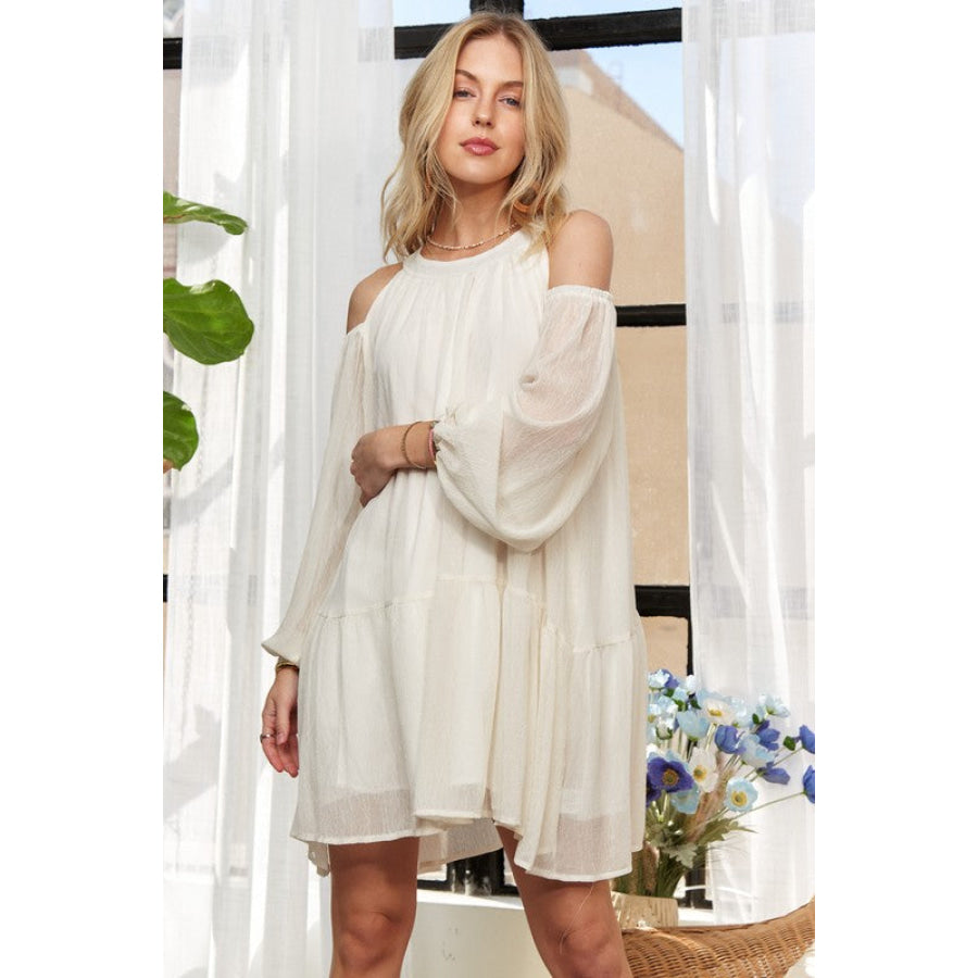 ADORA Cold Shoulder Balloon Sleeve Mini Dress Beige / S Apparel and Accessories