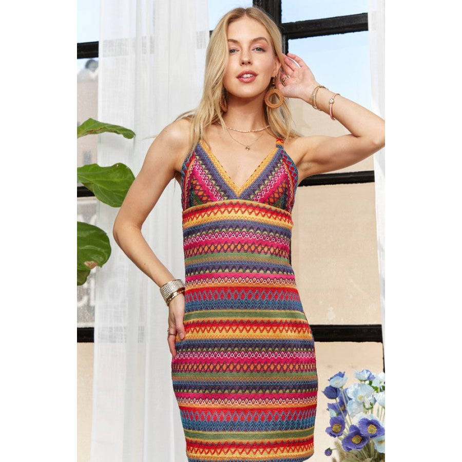 ADORA Contrast Striped V-Neck Mini Dress Apparel and Accessories