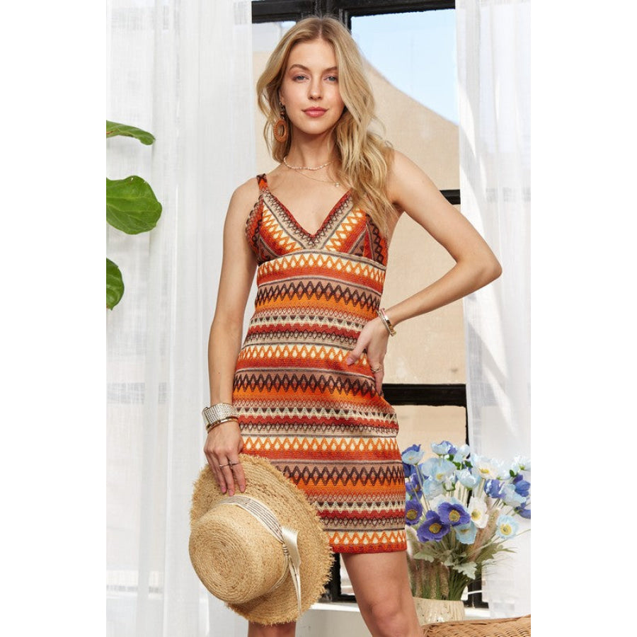 ADORA Contrast Striped V-Neck Mini Dress Orange Multicolor / S Apparel and Accessories