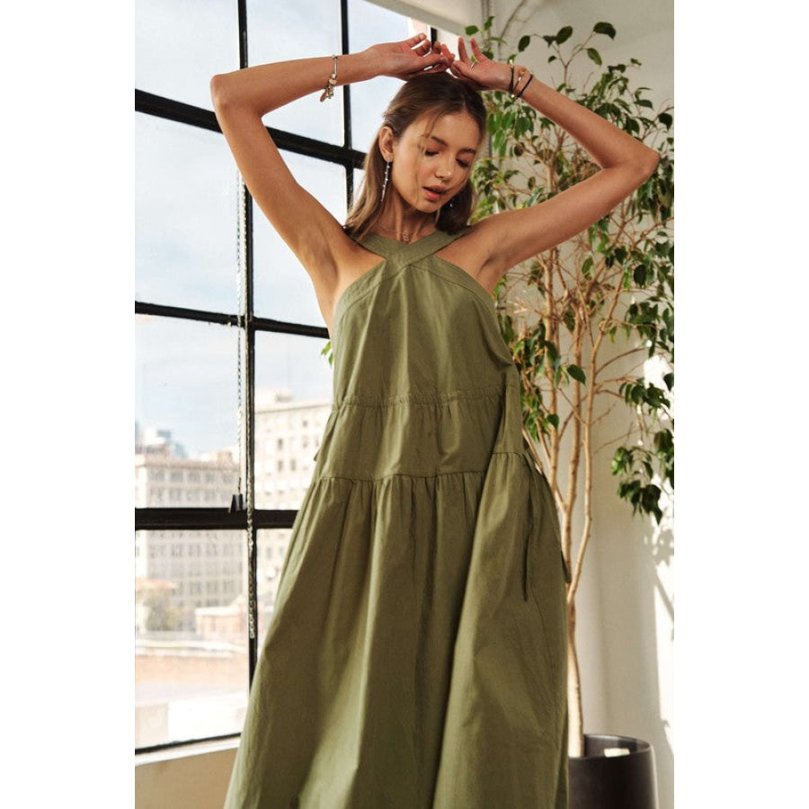 ADORA Crisscross Wide Strap Drawstring Detail Midi Dress Moss / S Apparel and Accessories