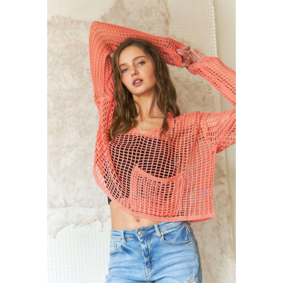 ADORA Crochet Long Sleeve Knit Cover Up with Big Pocket Coral / S Apparel and Accessories