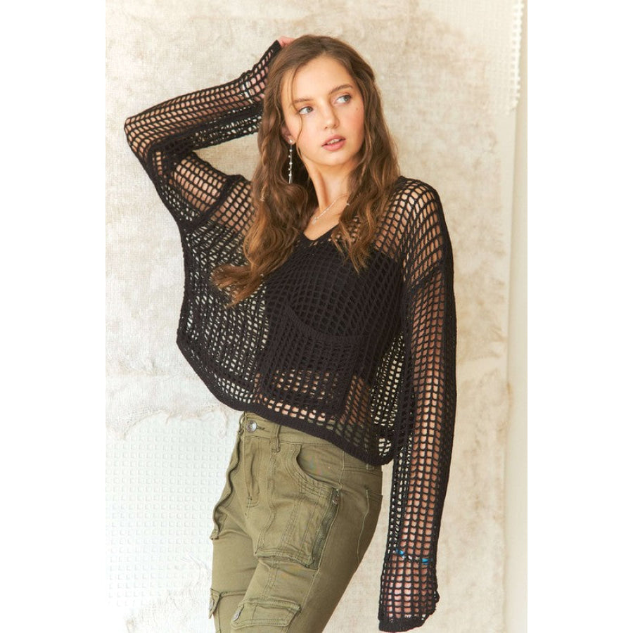 ADORA Crochet Long Sleeve Knit Cover Up with Big Pocket Black / S Apparel and Accessories