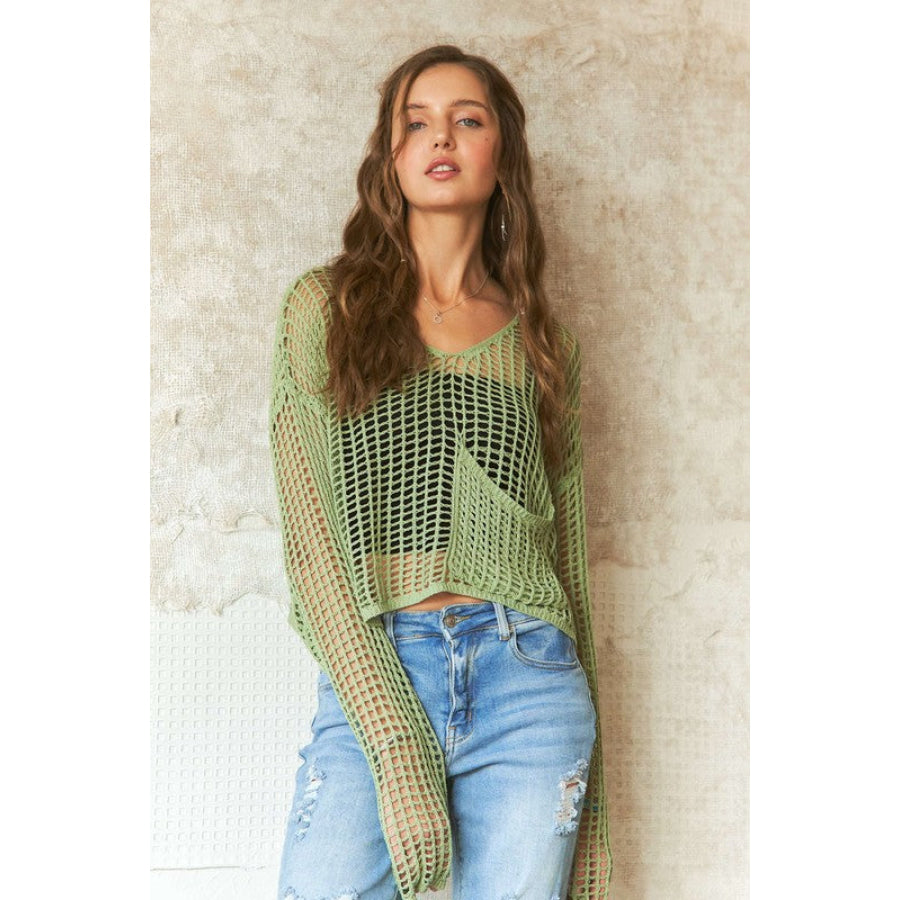 ADORA Crochet Long Sleeve Knit Cover Up with Big Pocket Apparel and Accessories