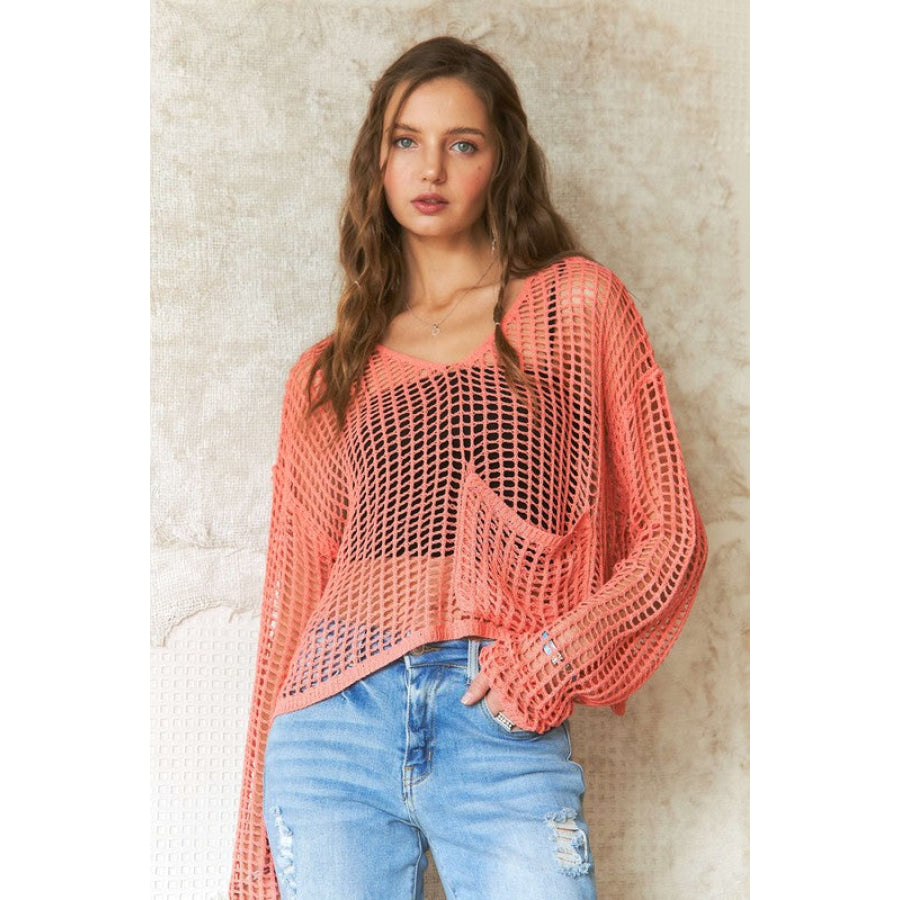 ADORA Crochet Long Sleeve Knit Cover Up with Big Pocket Coral / S Apparel and Accessories